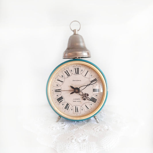 Vintage Blue Wind-Up Alarm Clock – Metal Clock with Roman Numerals, Retro Decor