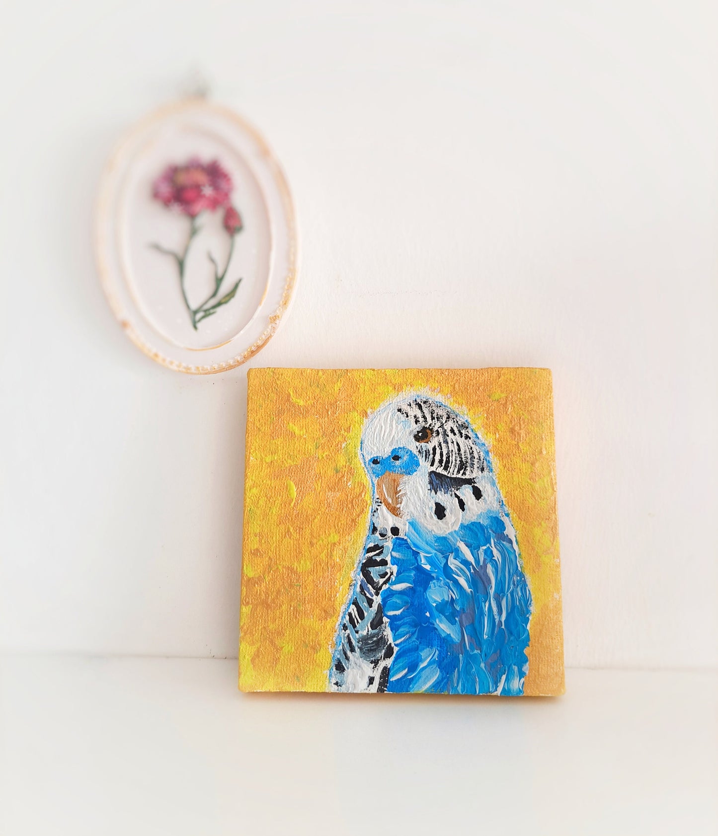 Handmade Acrylic Painting – Parrot & Bluebird, 3D Effect, 4" Square Art