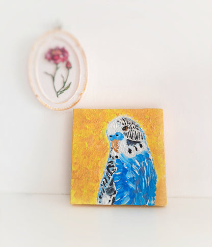 Handmade Acrylic Painting – Parrot & Bluebird, 3D Effect, 4" Square Art