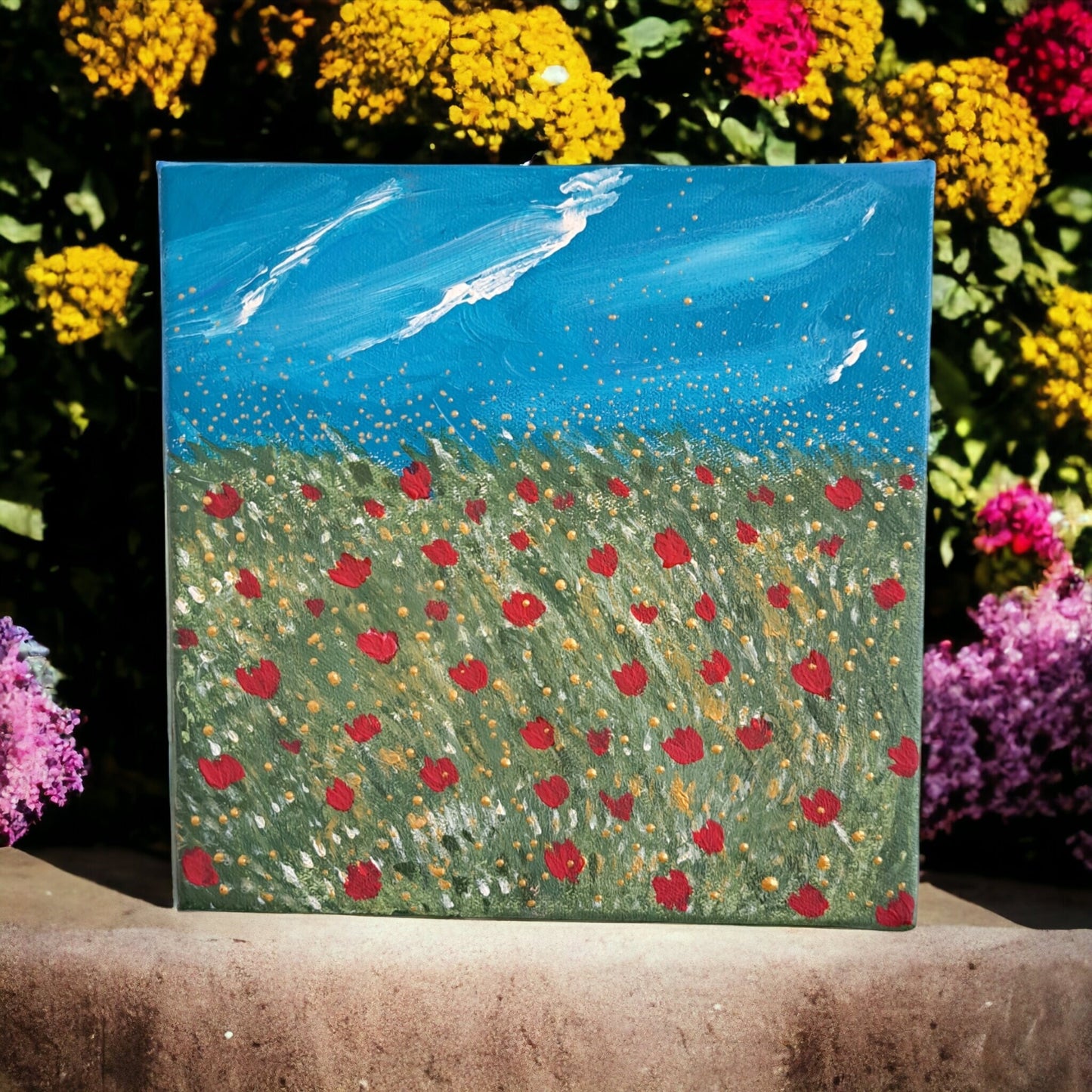 Handmade Acrylic Painting – Square Landscape of Grass, Flowers & Sky