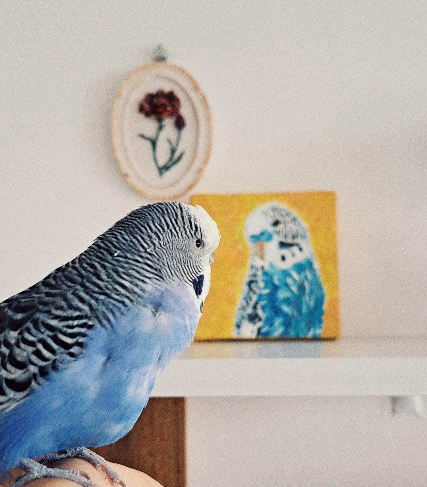 Handmade Acrylic Painting – Parrot & Bluebird, 3D Effect, 4" Square Art