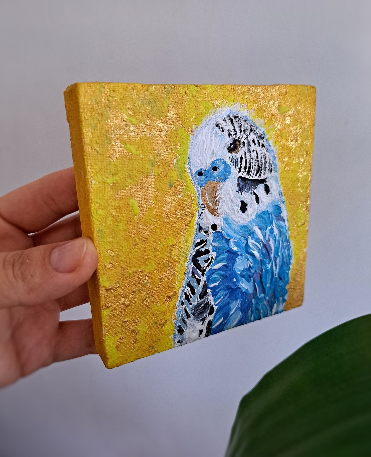 Handmade Acrylic Painting – Parrot & Bluebird, 3D Effect, 4" Square Art