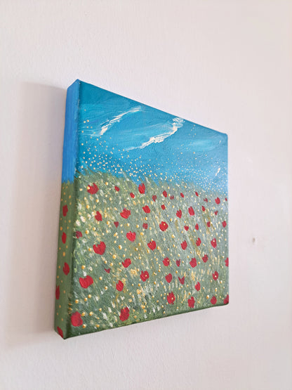 Handmade Acrylic Painting – Square Landscape of Grass, Flowers & Sky