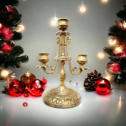 Elegant Brass Vintage Candle Holder - Triple Arm, 8" Tall