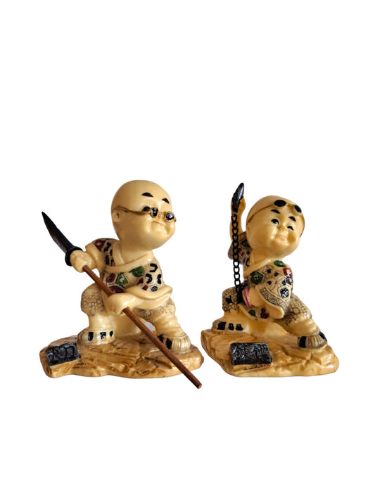 Set of 2 Sōhei Warrior Monks Figurines – Resin, Male & Female Monks with Sunglasses