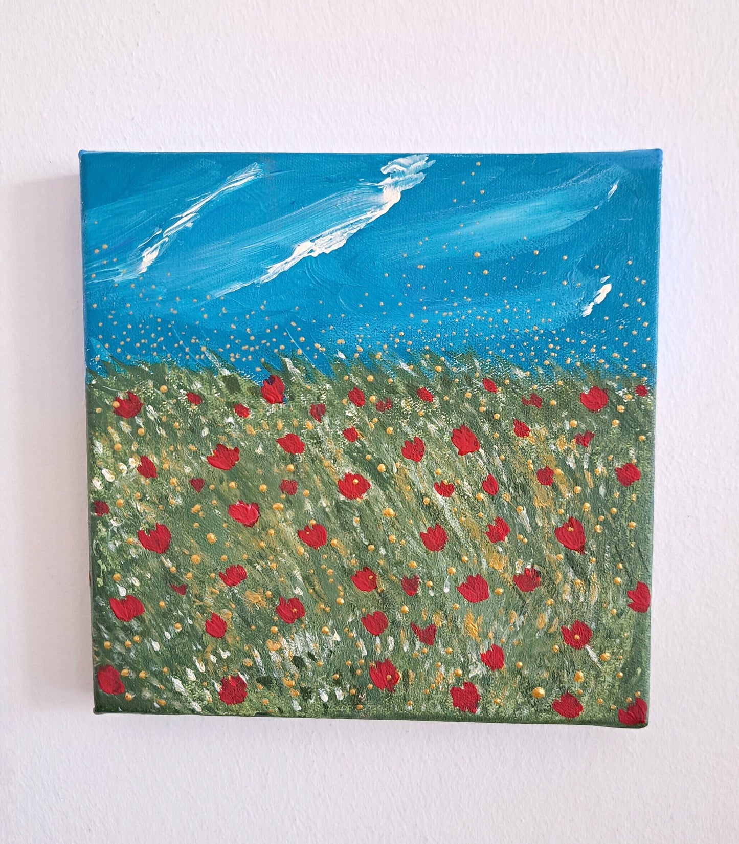 Handmade Acrylic Painting – Square Landscape of Grass, Flowers & Sky