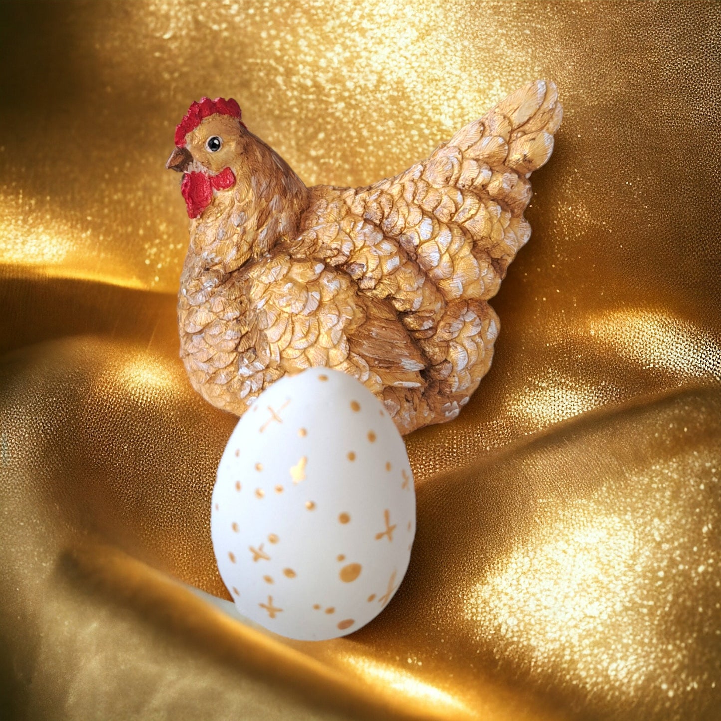 Gold Chicken and Egg Figurine – Hand-Painted Easter Decor