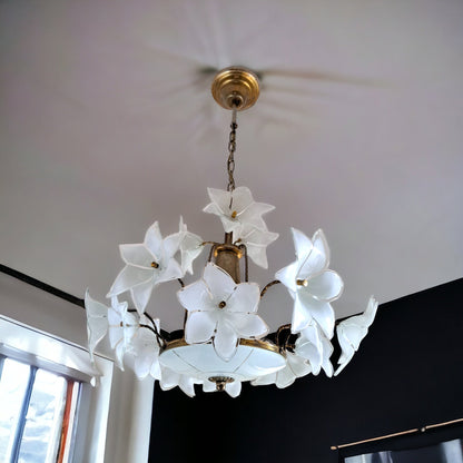 Antique White Floral Murano Glass Chandelier - Vintage Elegance with Gold Accents