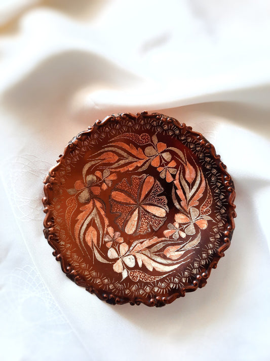 Vintage Copper Floral Embossed Decorative Plate - 17cm