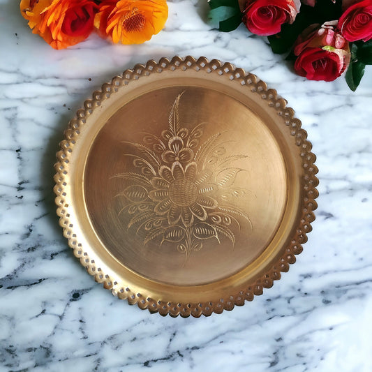 Elegant Engraved Floral Vintage Brass Serving Tray - Antique Style Gold Decor