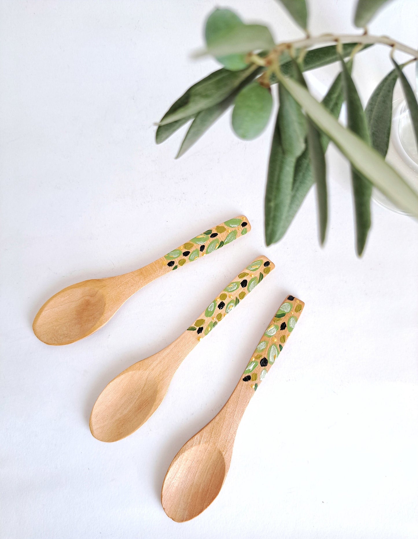 Hand-Painted Wooden Spoons Set of 3 -olives , 13cm