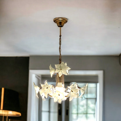 Antique White Floral Murano Glass Chandelier - Vintage Elegance with Gold Accents