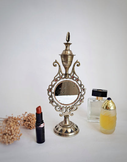 Vintage Silver Plated Brass Kohl Bottle & Perfume Holder with Floral Vanity Mirror