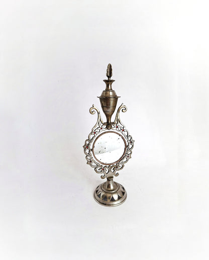 Vintage Silver Plated Brass Kohl Bottle & Perfume Holder with Floral Vanity Mirror