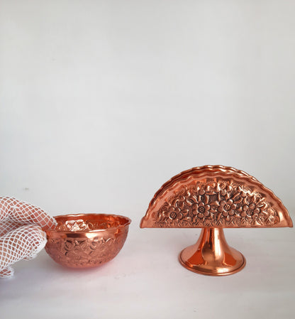 Vintage-Style Floral Copper Napkin Holder & Copper Bowl Set