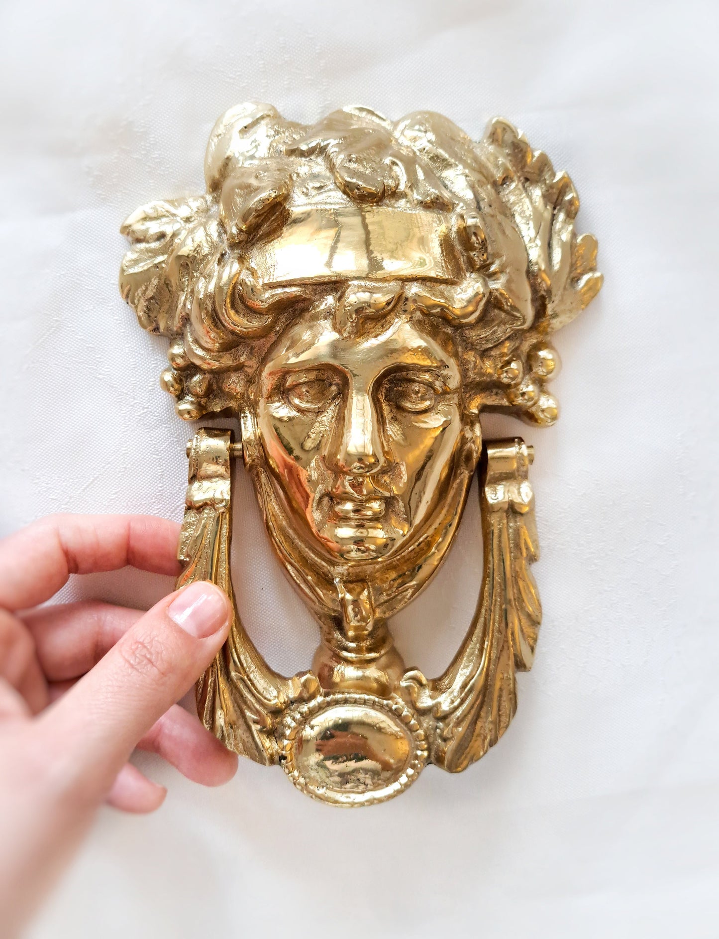 Elegant Grecian Goddess Dionysus Brass Door Knocker – Mirror Gold Finish, 19cm