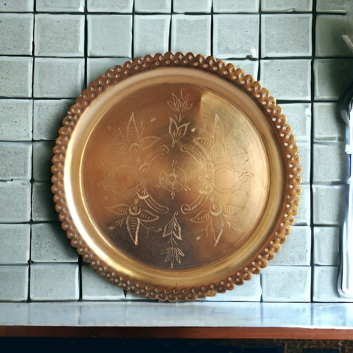 27cm Vintage Round Brass Tray – Handcrafted 70s Antique Floral Design