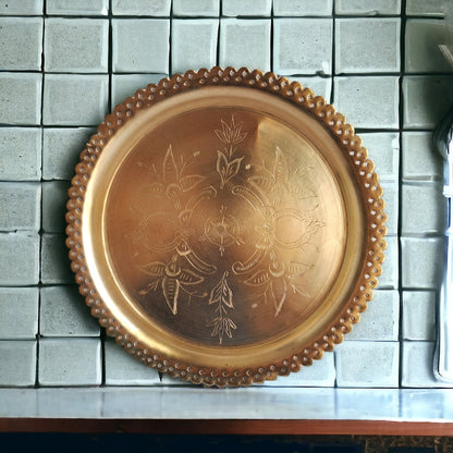 27cm Vintage Round Brass Tray – Handcrafted 70s Antique Floral Design