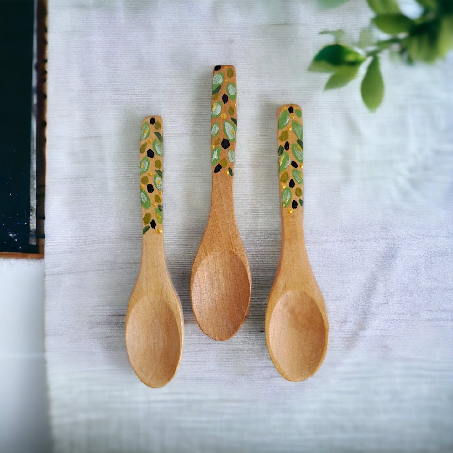 Hand-Painted Wooden Spoons Set of 3 -olives , 13cm