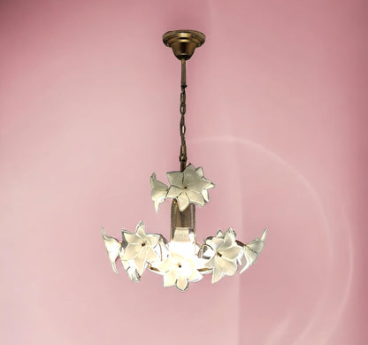 Antique White Floral Murano Glass Chandelier - Vintage Elegance with Gold Accents