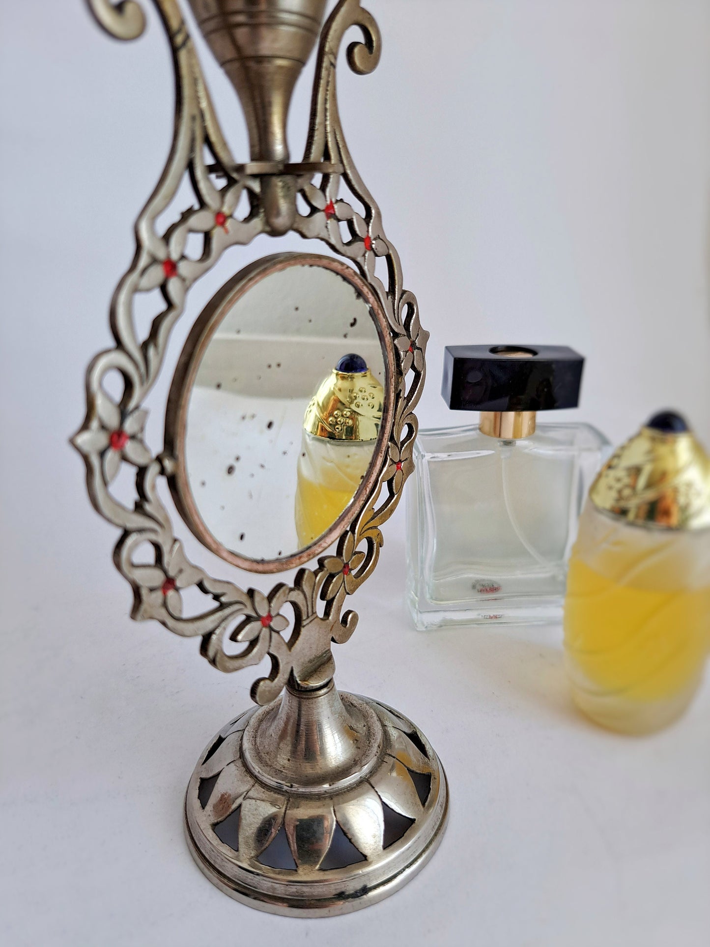 Vintage Silver Plated Brass Kohl Bottle & Perfume Holder with Floral Vanity Mirror