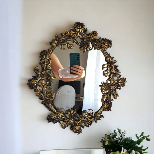 Vintage Style Floral Brass Wall Mirror - Antique Gold Elegance, 38cm