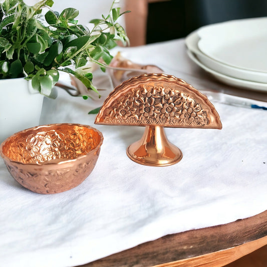 Vintage-Style Floral Copper Napkin Holder & Copper Bowl Set