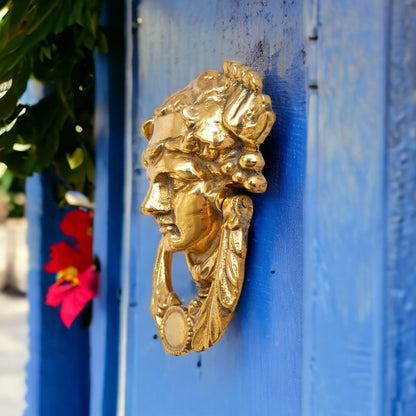 Elegant Grecian Goddess Dionysus Brass Door Knocker – Mirror Gold Finish, 19cm