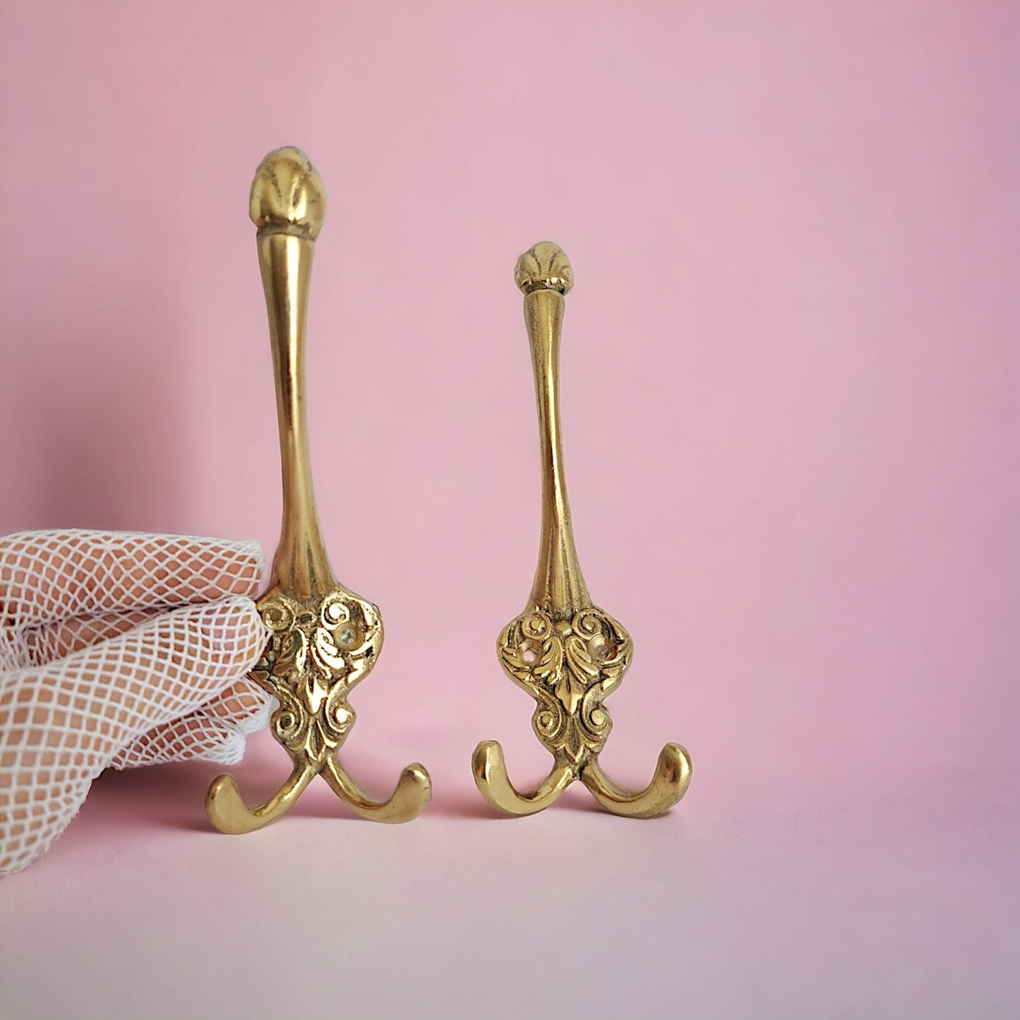 Vintage Brass Hooks Set, Mirror Gold Finish, 3-in-1 Hanging Solution