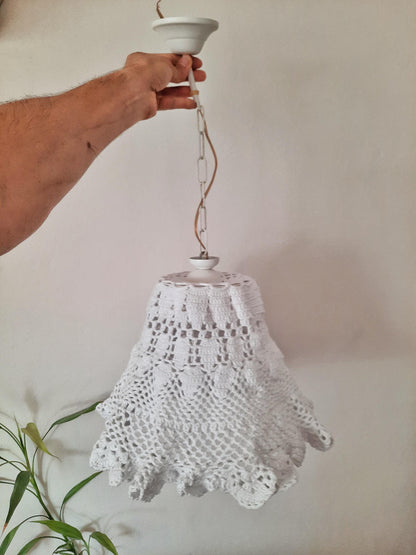 White Crochet Ceiling Pendant Lamp – Rustic and Unique Lighting Fixture