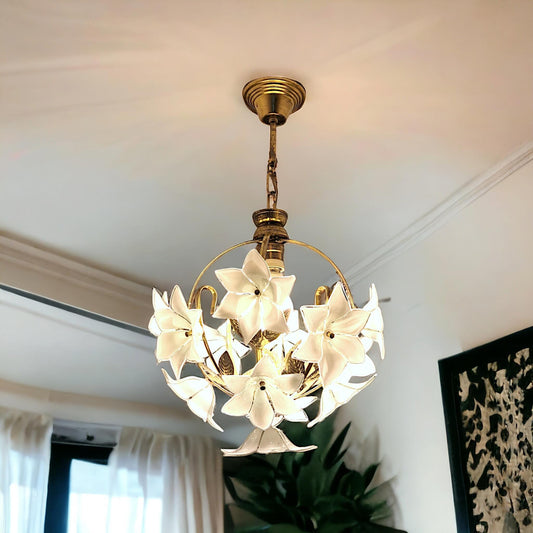 Vintage Floral Murano Glass Chandelier with Handcrafted White Flowers & Brass