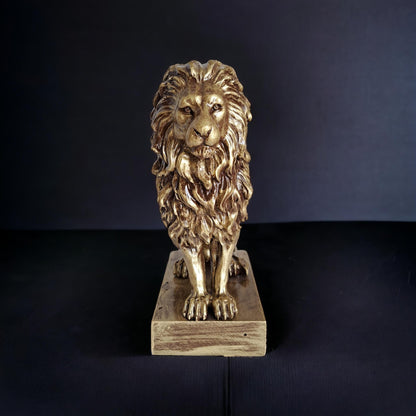 Antique Gold Lion Sculpture - Elegant Sitting Lion Statue with Marble Dust Finish - 21.5cm Decorative Accent