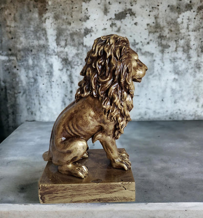 Antique Gold Lion Sculpture - Elegant Sitting Lion Statue with Marble Dust Finish - 21.5cm Decorative Accent