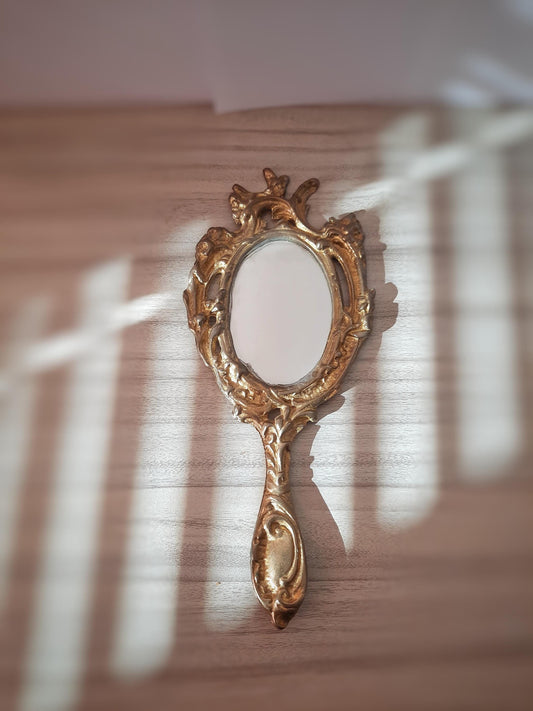 Vintage Brass Hand Mirror - Elegant Gold Finish, Antique-Style Vanity Decor