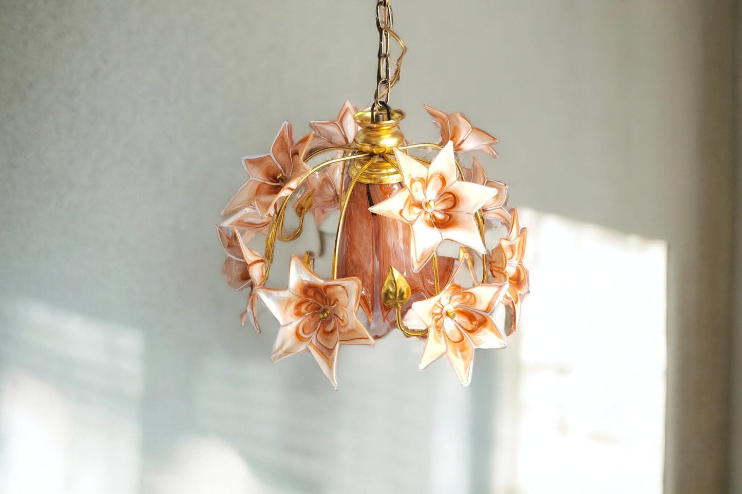 70s Flowers Murano Chandelier, Brass & Caramel Glass Pendant Light