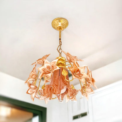 70s Flowers Murano Chandelier, Brass & Caramel Glass Pendant Light