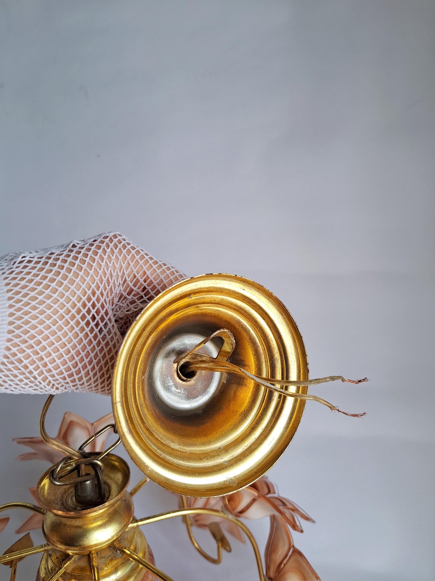 70s Flowers Murano Chandelier, Brass & Caramel Glass Pendant Light