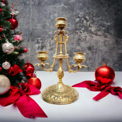 Elegant Brass Vintage Candle Holder - Triple Arm, 8" Tall