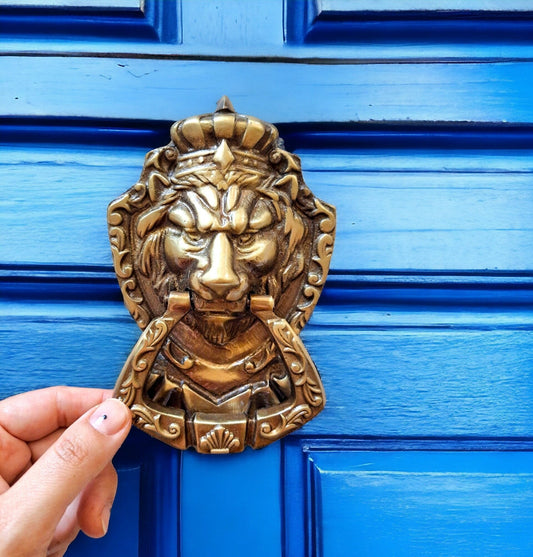 Antique Gold Brass Lion Door Knocker with Crown – 16cm Vintage Decor