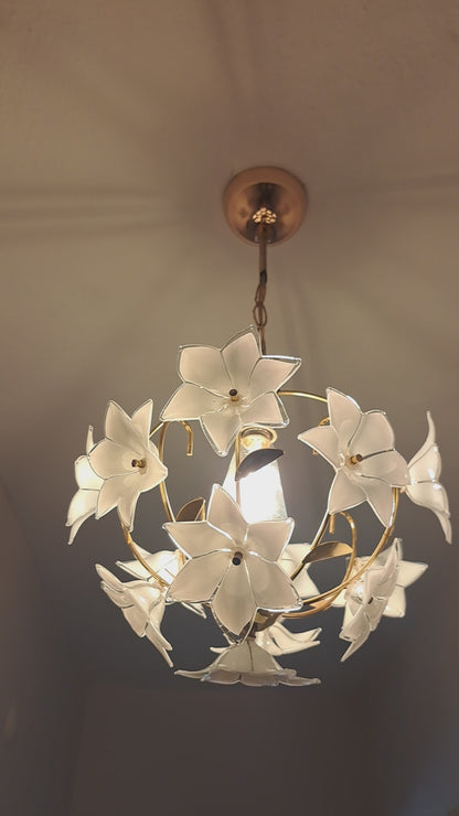 Antique White Floral Murano Glass & Brass Chandelier – Handmade Italian Pendant Light for Elegant Interiors